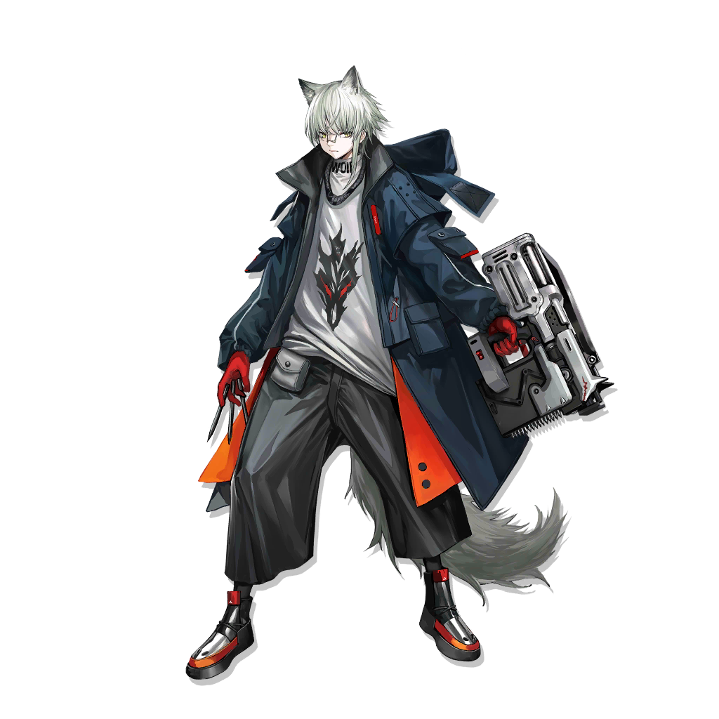 1boy animal_ears aosta_(arknights) arknights bangs blue_coat coat full_body gloves grey_eyes grey_pants gun holding holding_gun holding_weapon infukun looking_at_viewer male_focus nail_gun official_art open_clothes open_coat pants red_gloves shirt shoes short_hair silver_hair standing t-shirt tail transparent_background weapon white_shirt wolf_ears wolf_tail