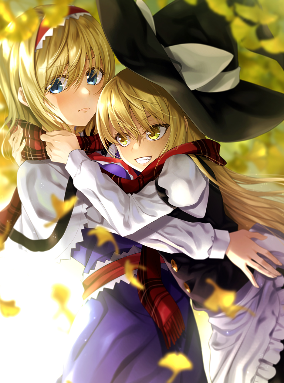 2girls :d akane_hazuki alice_margatroid apron autumn autumn_leaves bangs black_headwear black_vest blonde_hair blue_dress blue_eyes blurry blurry_background blush bow capelet closed_mouth commentary_request day depth_of_field dress enpera eyebrows_visible_through_hair falling_leaves frilled_apron frills from_side ginkgo_leaf grin hairband hat hat_bow hat_ornament highres juliet_sleeves kirisame_marisa leaf leaning_forward long_hair long_sleeves looking_at_viewer looking_to_the_side multiple_girls open_mouth outdoors plaid plaid_scarf puffy_sleeves red_hairband red_scarf scarf shared_scarf short_hair smile teeth touhou v-shaped_eyebrows very_long_hair vest waist_apron white_apron white_bow white_capelet witch_hat yellow_eyes yuri