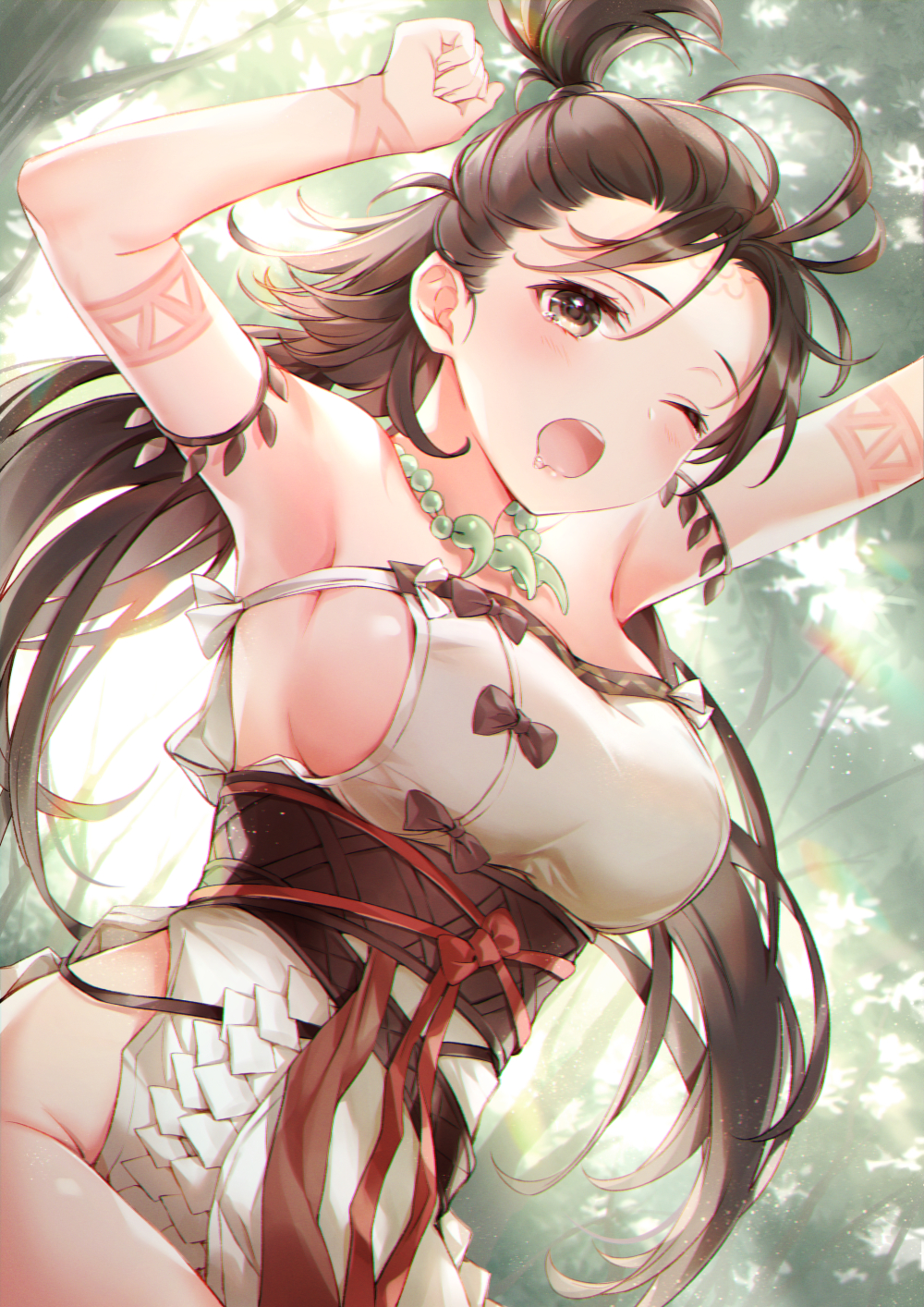 1girl armpits arms_up backlighting bare_shoulders blush body_markings breasts brown_eyes brown_hair dress facial_mark fate/grand_order fate_(series) forehead forehead_mark forest highres himiko_(fate) large_breasts long_hair looking_at_viewer magatama magatama_necklace nature one_eye_closed open_mouth sash side_slit sideboob thighs topknot tree twintails white_dress yumesaki