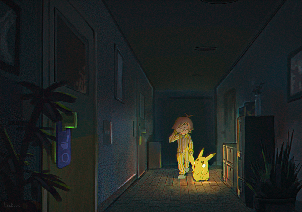 1boy antenna_hair brown_hair buttons closed_eyes commentary_request dark door gen_1_pokemon glowing hand_up holding_tail indoors lanbook long_sleeves pajamas photo_(object) pikachu plant pokemon pokemon_(creature) potted_plant short_hair sleepy slippers tail walking wooden_floor