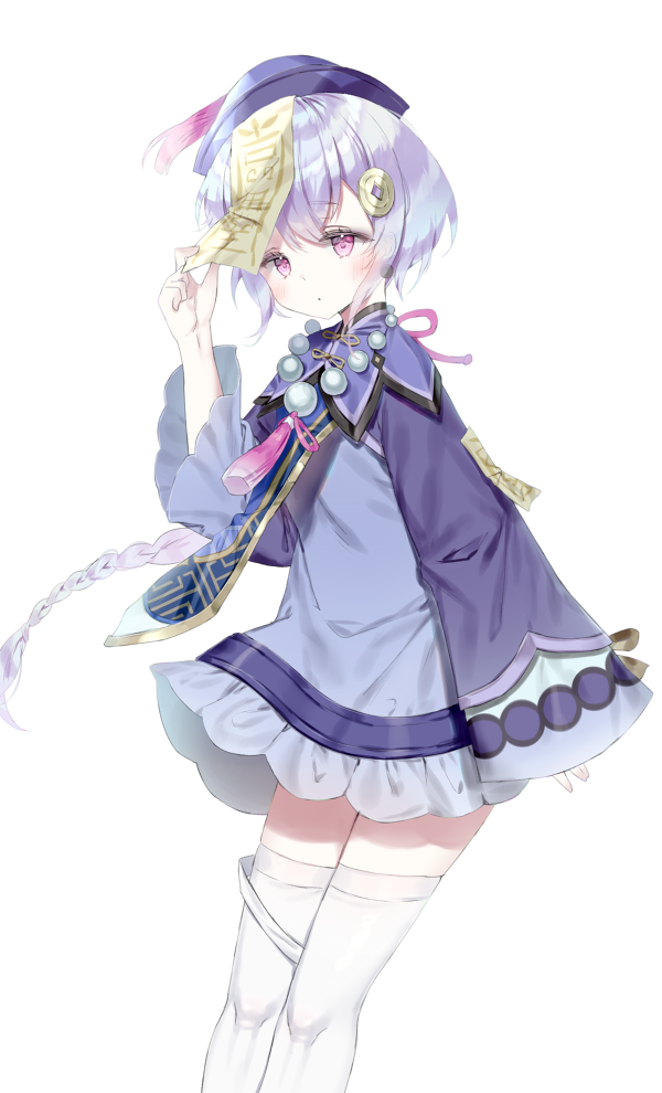 1girl bangs blue_dress blue_hair blush braid closed_mouth commentary_request dress eyebrows_visible_through_hair frilled_dress frills genshin_impact hair_between_eyes hair_ornament hand_up hat long_hair long_sleeves looking_at_viewer ofuda purple_headwear qing_guanmao qiqi qlakwnd simple_background single_braid sleeves_past_wrists solo thigh-highs very_long_hair violet_eyes white_background white_legwear wide_sleeves