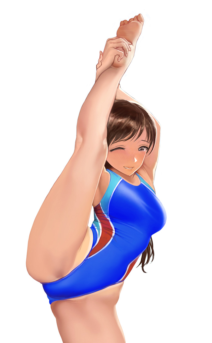 1girl armpits arms_behind_head arms_up bangs bare_arms bare_legs barefoot blue_swimsuit breasts brown_eyes brown_hair hamedoragon idolmaster idolmaster_cinderella_girls kneepits large_breasts leg_up light_blush long_hair looking_at_viewer nail_polish nitta_minami one-piece_swimsuit one_eye_closed simple_background sleeveless smile soles split standing standing_on_one_leg standing_split swimsuit tan tanline white_background