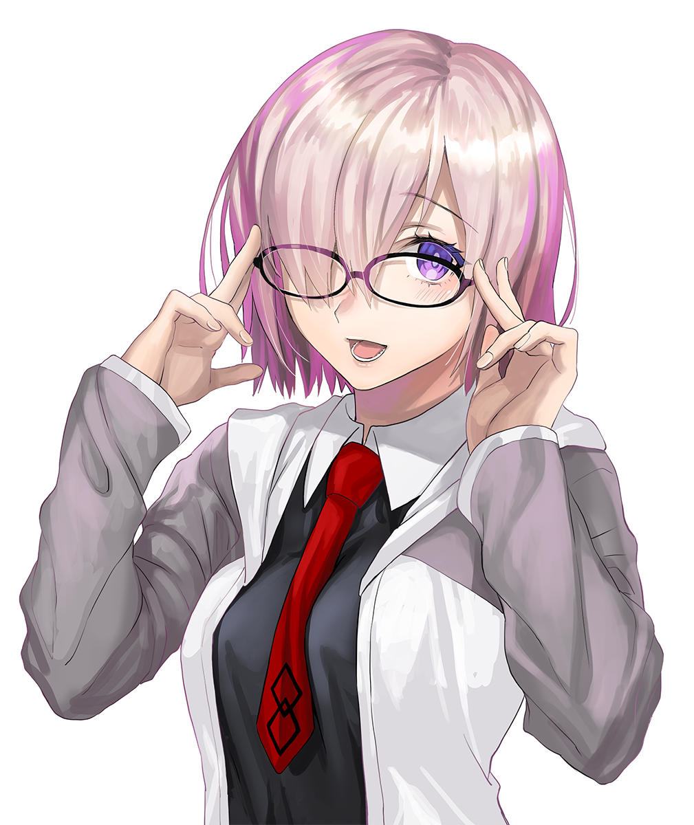 1girl :d adjusting_eyewear black-framed_eyewear black_shirt bright_pupils fate/grand_order fate_(series) fingernails glasses grey_jacket hair_over_one_eye highres jacket long_sleeves looking_at_viewer mash_kyrielight necktie one_eye_covered open_clothes open_jacket open_mouth pink_hair red_neckwear sage_joh shirt simple_background smile solo upper_body violet_eyes white_background