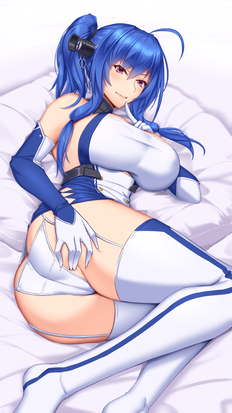 1girl ahoge argyle_cutout ass azur_lane bangs bare_shoulders blue_dress blue_hair blush breasts buttons closed_mouth clothing_cutout collar dress elbow_gloves eyebrows_visible_through_hair finger_to_mouth garter_straps gloves hair_between_eyes hair_ornament highres index_finger_raised large_breasts legs long_hair looking_at_viewer lying metal_collar on_side panties short_dress shuugetsu_karasu side_ponytail sidelocks silver_dress smile st._louis_(azur_lane) thigh-highs thighs underwear violet_eyes white_dress white_gloves white_legwear white_panties