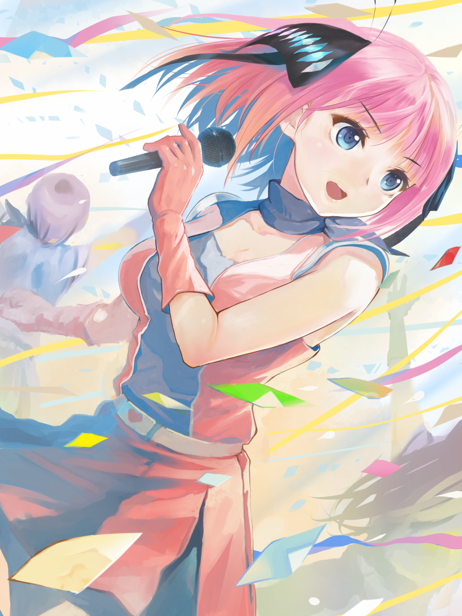 1girl belt blue_eyes dutch_angle gloves go-toubun_no_hanayome heart highres hirokiku idol microphone nakano_nino neck_ribbon open_mouth pink_hair ribbon short_hair sleeveless