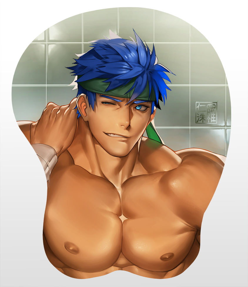 1boy abs arm_behind_head bara bare_chest blue_eyes breast_mousepad face fire_emblem green_headband headband ike_(fire_emblem) male_focus mousepad_(medium) muscle na_insoo nipples one_eye_closed pectoral_focus sample spiky_hair upper_body