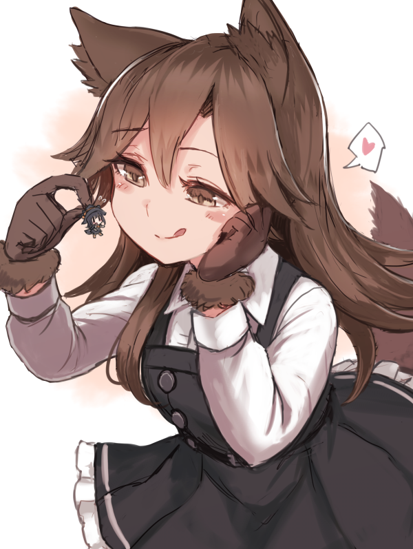 2girls animal_ears arashio_(kantai_collection) asashio_(kantai_collection) brown_eyes brown_hair chibi dress frilled_skirt frills giantess gloves halloween hand_on_own_cheek hat holding_person kantai_collection licking_lips long_hair looking_at_another multiple_girls paw_gloves paws pinafore_dress remodel_(kantai_collection) shirt size_difference skirt tail tongue tongue_out utopia white_shirt witch witch_hat wolf_ears wolf_tail