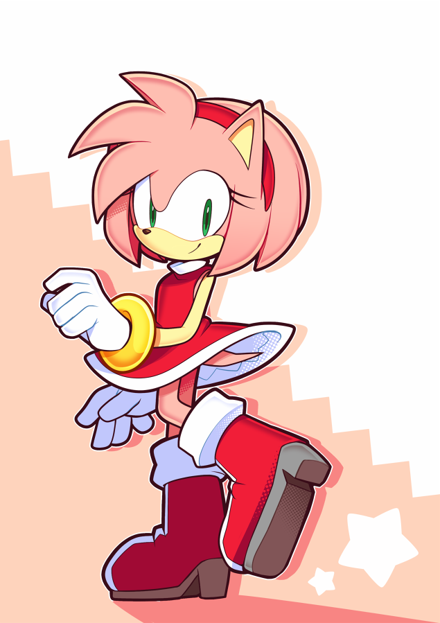 1girl amy_rose animal_ears animal_nose boots closed_mouth commentary_request dress full_body gloves green_eyes hairband high_heel_boots high_heels looking_at_viewer pyohato_(nebulamancers) red_dress red_footwear red_hairband smile solo sonic_the_hedgehog standing standing_on_one_leg star_(symbol) tail white_gloves