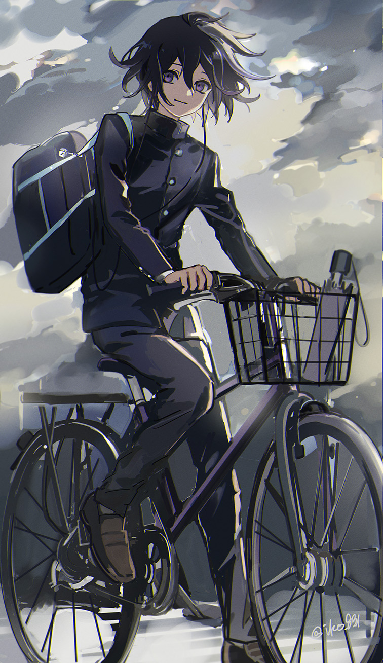 1boy bag bangs bicycle brown_footwear closed_umbrella clouds cloudy_sky dangan_ronpa earphones gakuran ground_vehicle hair_between_eyes highres iko_831 long_sleeves male_focus new_dangan_ronpa_v3 ouma_kokichi outdoors purple_hair riding school_bag school_uniform shoulder_bag sky solo twitter_username umbrella violet_eyes