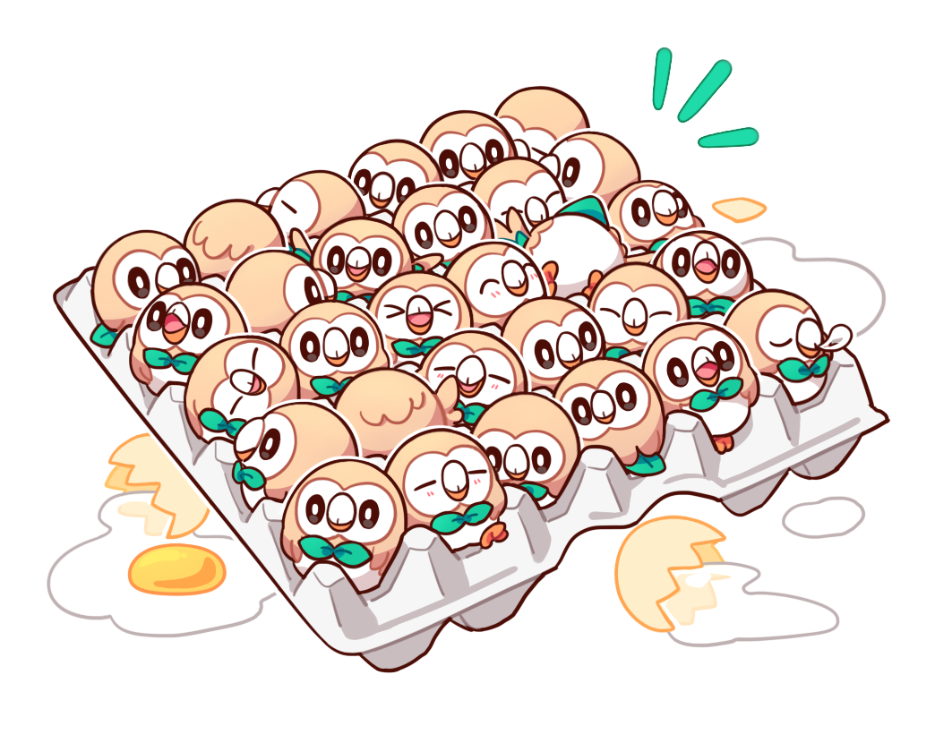 &gt;_&lt; chueog closed_eyes commentary_request egg_carton egg_yolk eggshell gen_7_pokemon looking_back no_humans open_mouth pokemon pokemon_(creature) rowlet sleeping tongue white_background