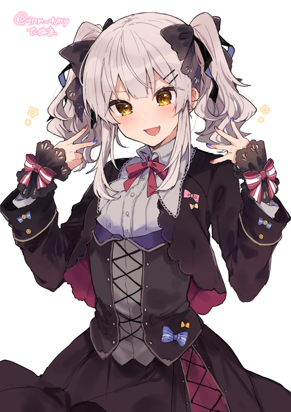 1girl :d bangs black_bow black_jacket black_skirt blue_bow blue_nails blush bow breasts brown_eyes collared_shirt commentary_request dress_shirt eyebrows_visible_through_hair grey_hair grey_shirt hair_bow hair_ornament hairclip hands_up highres ikeuchi_tanuma jacket long_sleeves multicolored multicolored_nails nail_polish open_clothes open_jacket open_mouth original red_nails shirt simple_background skirt small_breasts smile solo star_(symbol) striped striped_bow twintails twitter_username v-shaped_eyebrows white_background wrist_cuffs