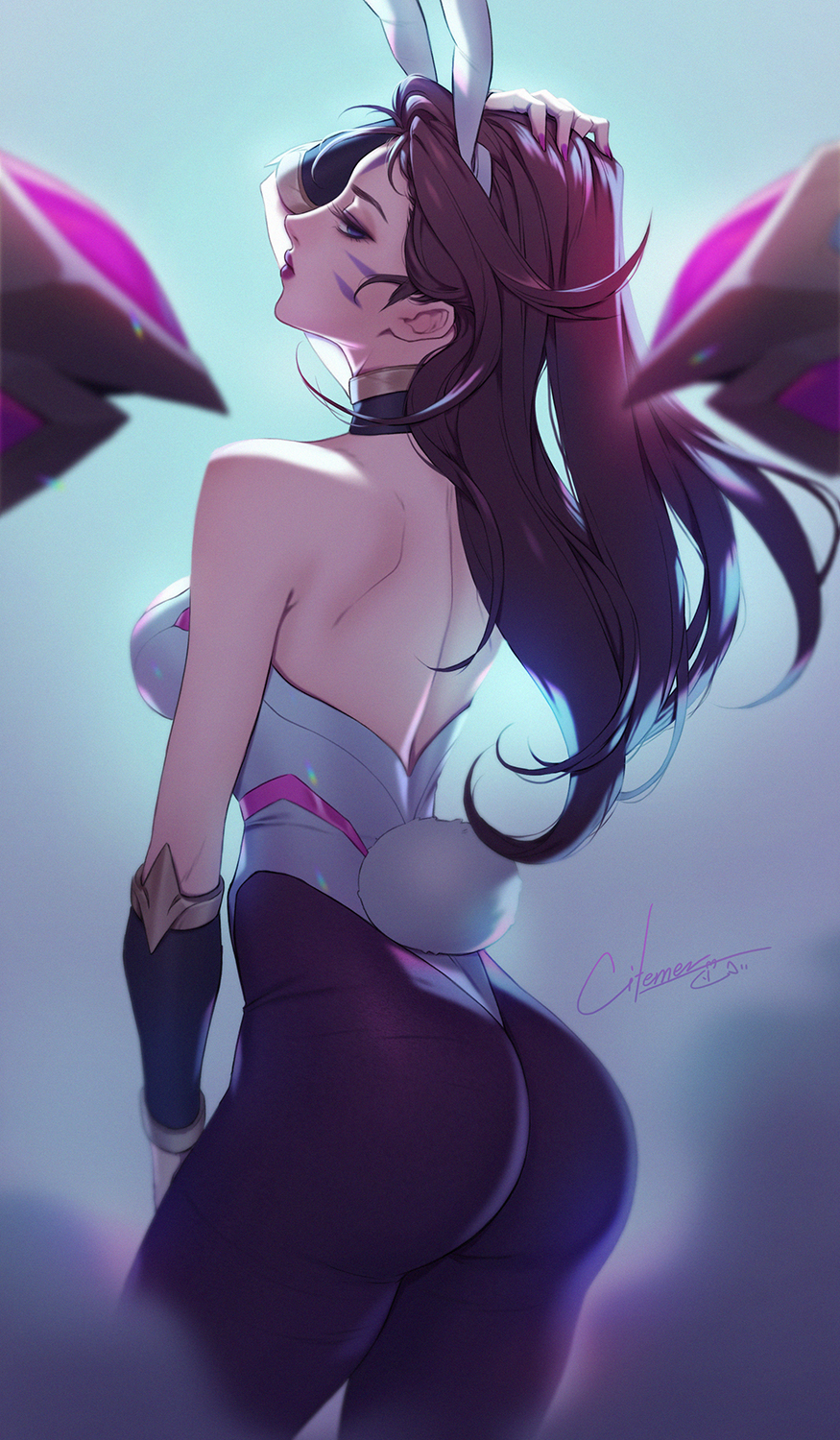 1girl animal_ears arm_up artist_name ass back bare_shoulders black_legwear blue_eyes brown_hair bunny_tail choker citemer cowboy_shot fake_animal_ears from_behind hand_on_own_head highres kai'sa league_of_legends leotard looking_back multicolored_choker pantyhose purple_lips purple_nails rabbit_ears signature skin_tight solo symbol_commentary tail taut_clothes whisker_markings white_leotard