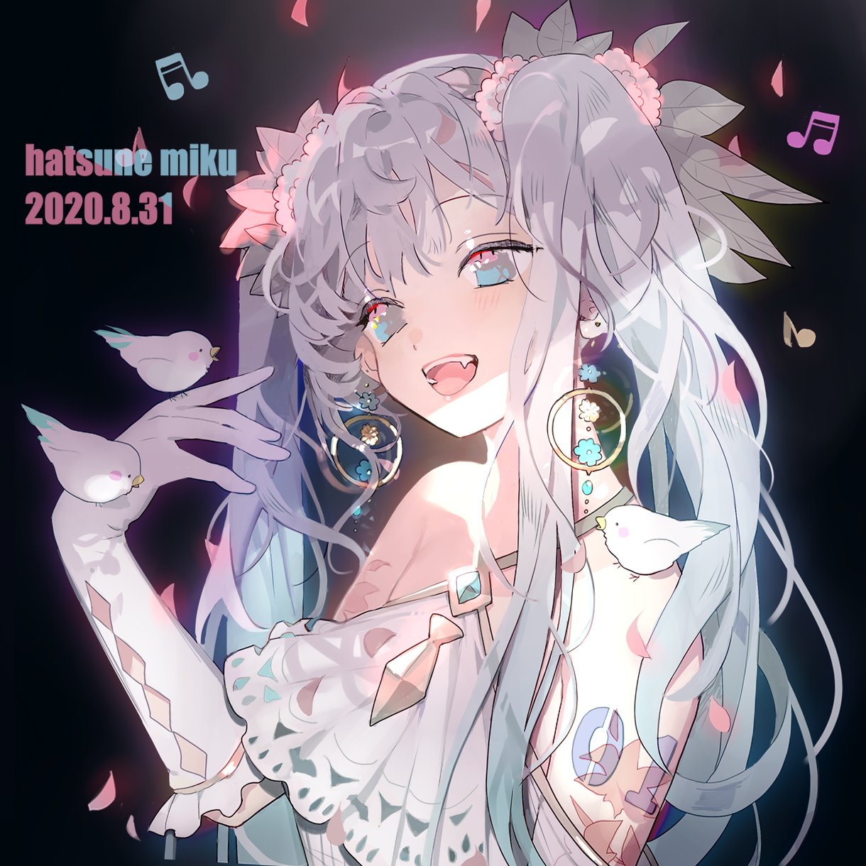 1girl animal_on_shoulder bird bird_on_hand bird_on_shoulder black_background blue_eyes blue_hair chandelier_earrings character_name commentary dappled_sunlight dated dress drop_earrings earrings elbow_gloves fang flower flower_earrings gloves hair_flower hair_ornament halterneck hand_up hatsune_miku highres hoop_earrings jewelry leaf messy_hair musical_note natsuro open_mouth simple_background solo sunlight twintails upper_body vocaloid white_dress white_gloves