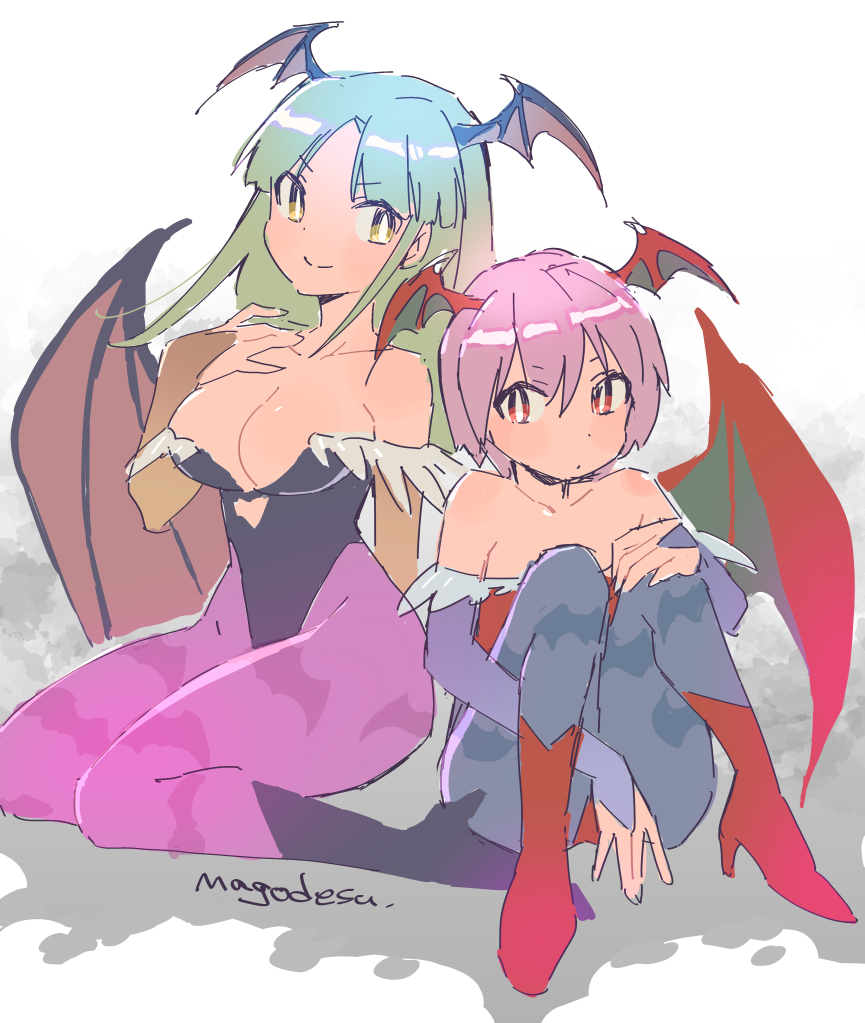 2girls artist_name breasts bright_pupils demon_girl demon_wings flat_chest green_hair head_wings large_breasts lilith_aensland long_hair looking_down looking_to_the_side mago morrigan_aensland multiple_girls pink_eyes pink_hair short_hair succubus vampire_(game) white_pupils wings yellow_eyes