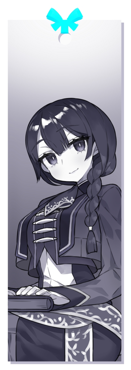 1girl alter_ego_(game) book bookmark braid es_(alter_ego) highres holding holding_book itsumo_nokoru long_sleeves looking_at_viewer monochrome single_braid smile solo spot_color
