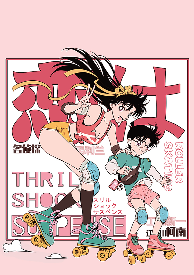 1boy 1girl bag black_hair breasts edogawa_conan glasses hair_ornament long_hair meitantei_conan mouri_ran qimu819 roller_shoes roller_skates shirt shoes short_hair short_shorts shorts skates socks t-shirt