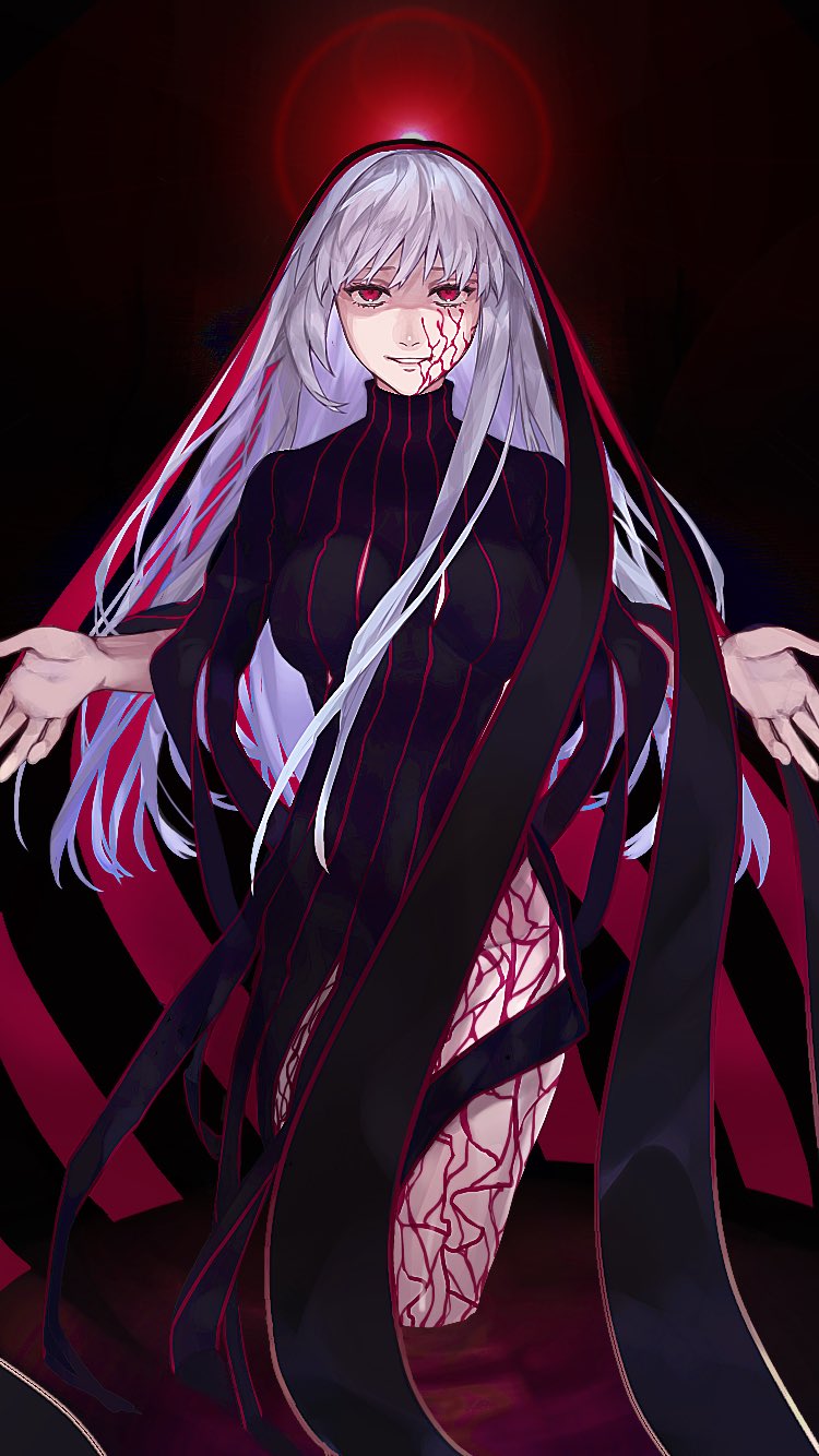1girl bakushi_(kaeritai0609) black_dress blood breasts cracked_skin dark_sakura dress fate/stay_night fate_(series) heaven's_feel highres large_breasts long_dress long_sleeves looking_at_viewer matou_sakura outstretched_arms purple_hair red_eyes smile solo spread_arms standing wading