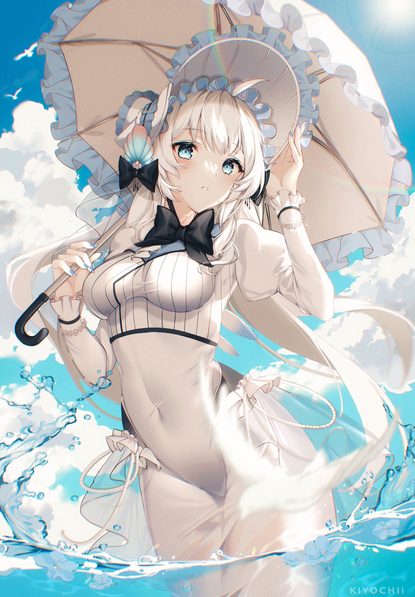 1girl ahoge aqua_eyes bangs blue_nails blush bonnet bow breasts cropped_jacket day frills hair_bow hand_up highres holding holding_umbrella juliet_sleeves kiyochii long_sleeves medium_breasts original outdoors parted_lips puffy_sleeves sidelocks solo swimsuit thighs umbrella wading water wet white_hair white_swimsuit
