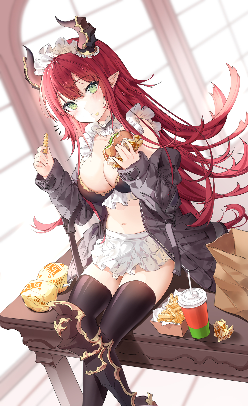 1girl apron bangs bikini black_jacket black_legwear blush breasts chips choker crossed_legs dragon_girl dragon_horns eating flipped_hair food food_on_face frilled_bikini frills gold_trim greaves green_eyes hamburger highres holding holding_food horns jacket large_breasts long_hair looking_at_viewer maid_apron maid_headdress navel off_shoulder open_clothes open_jacket original pointy_ears ronopu sidelocks sitting solo stomach sweatdrop swimsuit tail thigh-highs thighs very_long_hair