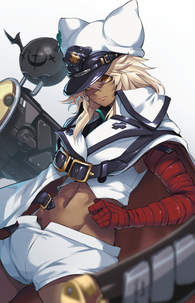 1girl belt blonde_hair breasts cape clover commentary cowboy_shot crop_top dark_skin four-leaf_clover grey_background guilty_gear hair_between_eyes hat highres long_hair looking_at_viewer lucifero midriff navel ramlethal_valentine re_(re_09) red_cape short_shorts shorts solo stomach tagme white_cape white_shorts