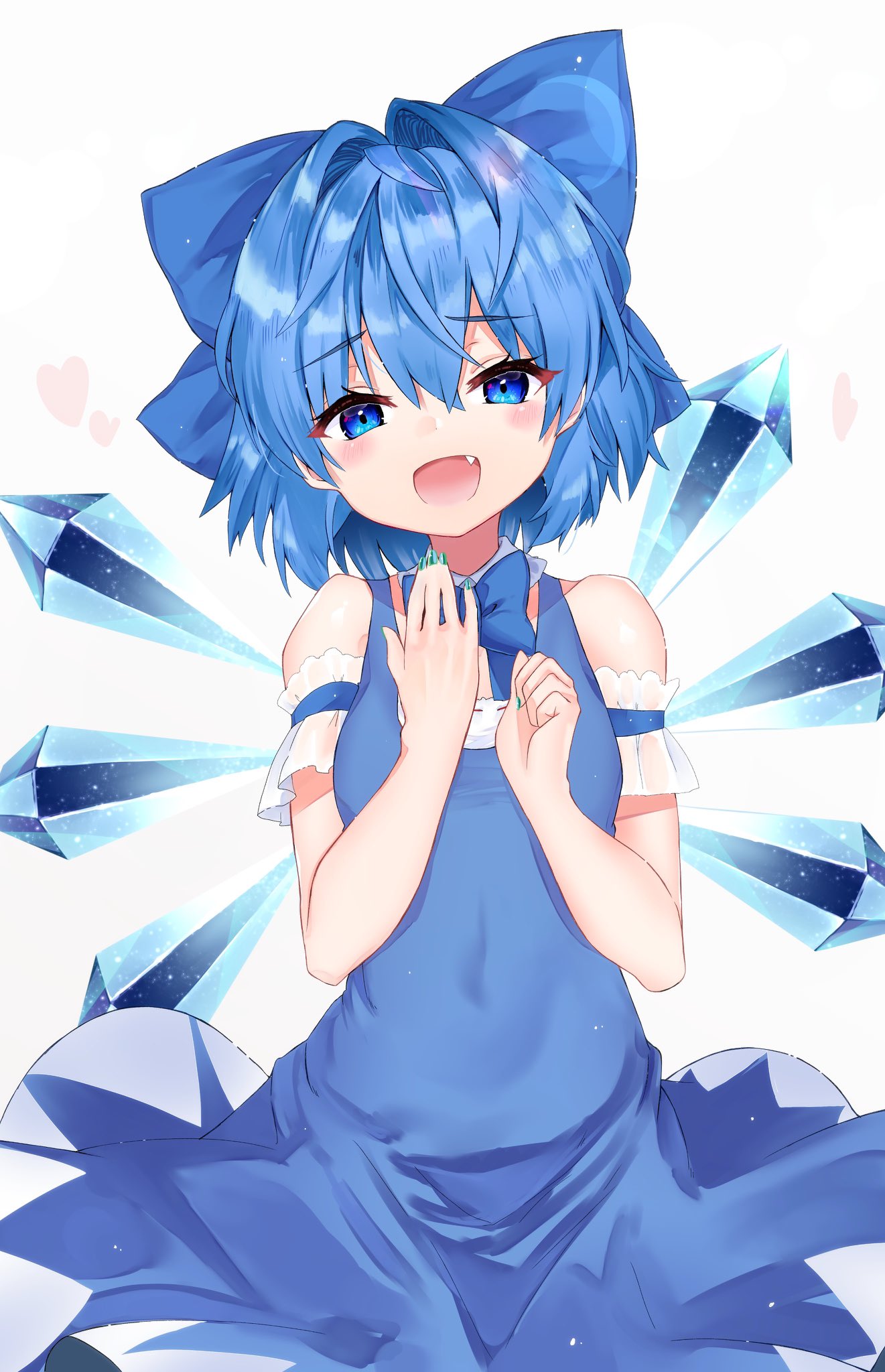 1girl :d aqua_nails bare_shoulders blue_bow blue_dress blue_eyes blue_hair blue_neckwear blush bow bowtie breasts cirno commentary_request cowboy_shot detached_collar dress eyebrows_visible_through_hair fang fingernails hair_between_eyes hair_bow hair_intakes heart highres ice ice_wings looking_at_viewer meteor_(yamashou) open_mouth sharp_fingernails short_hair simple_background sleeveless sleeveless_dress small_breasts smile solo touhou white_background wings