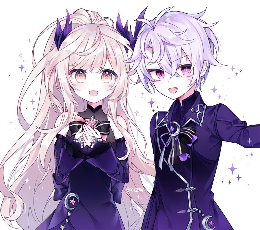 1boy 1girl :d add_(elsword) alternate_costume bangs blonde_hair bow bright_pupils character_request check_character coat crossed_bangs detached_sleeves dress elsword eve_(elsword) eyebrows_visible_through_hair g_ieep hair_between_eyes light_purple_hair long_hair long_sleeves open_mouth ponytail purple_dress purple_hair short_hair sidelocks simple_background smile sparkle symbol-shaped_pupils symbol_commentary twitter_username very_long_hair violet_eyes yellow_eyes