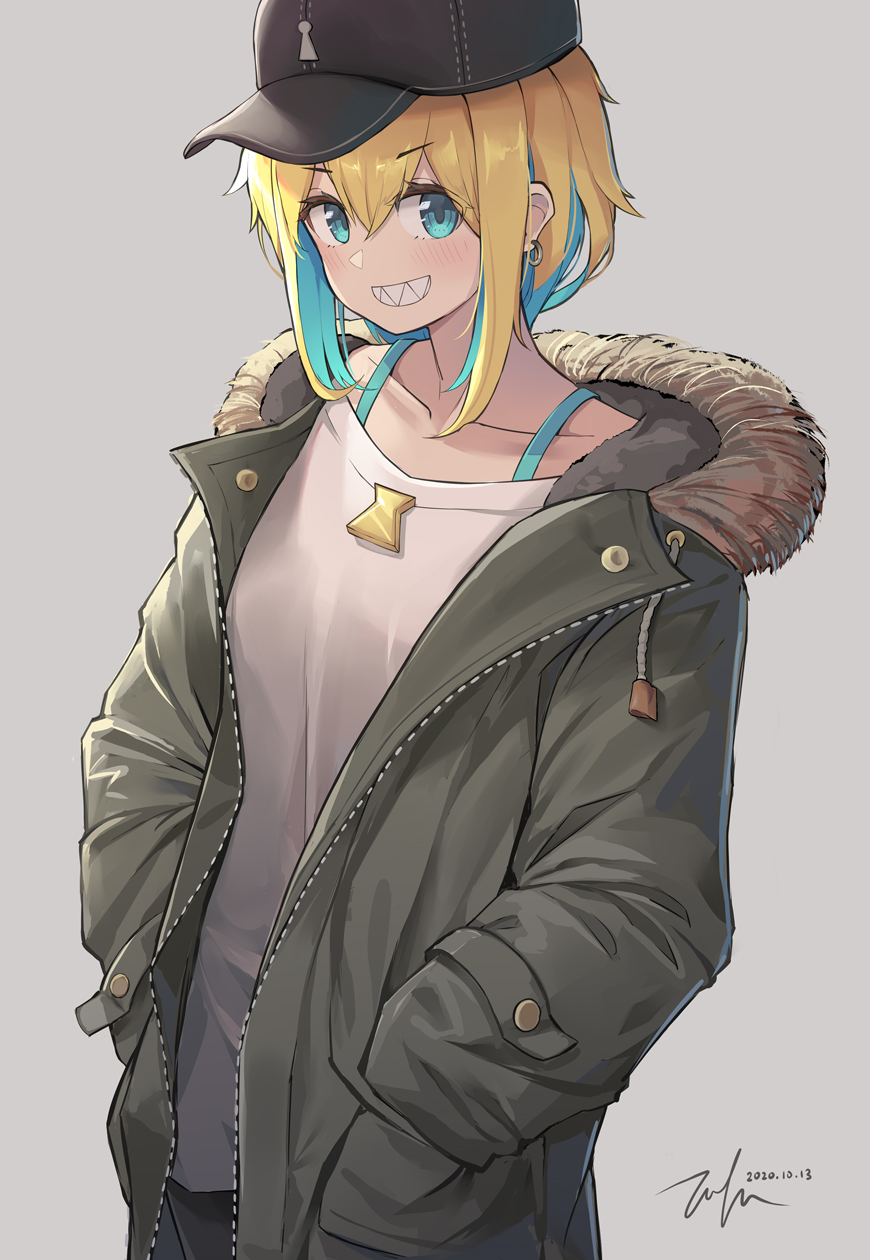 1girl alternate_costume amano_pikamee blonde_hair blue_eyes blue_hair colored_inner_hair english_commentary fur_trim green_jacket hands_in_pocket highres jacket multicolored_hair short_hair smile solo tofumang virtual_youtuber voms
