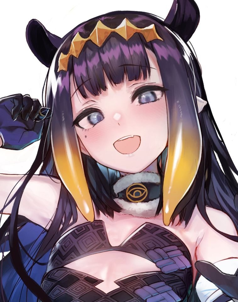 1girl akieda animal_ears armpit_peek bare_shoulders black_gloves bustier choker cleavage_cutout clothing_cutout diamond_hairband flat_chest fur-trimmed_choker gloves grey_eyes hand_up hippopotamus_ears hololive hololive_english long_hair looking_at_viewer mole mole_under_eye ninomae_ina'nis open_mouth pointy_ears sidelocks simple_background solo tentacle_hair white_background