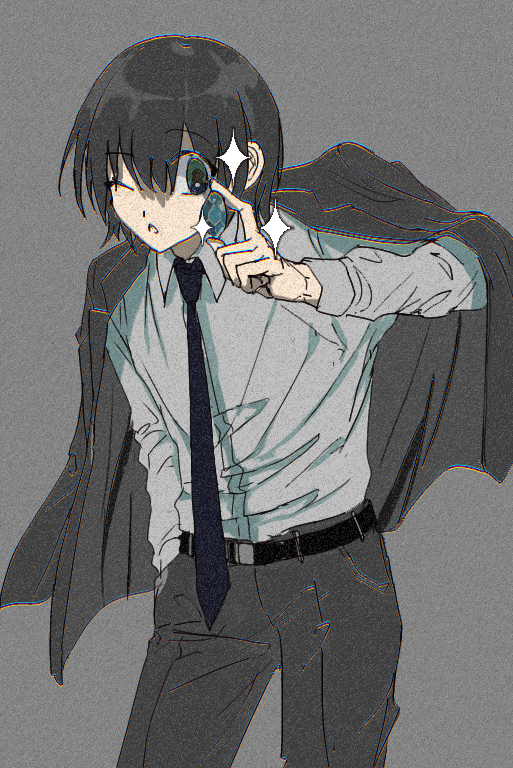 1boy belt black_hair black_neckwear coat coat_on_shoulders eyebrows_visible_through_hair film_grain formal gem green_eyes grey_background hair_between_eyes hand_in_pocket holding holding_gemstone kf8fw male_focus necktie one_eye_closed original solo sparkle suit