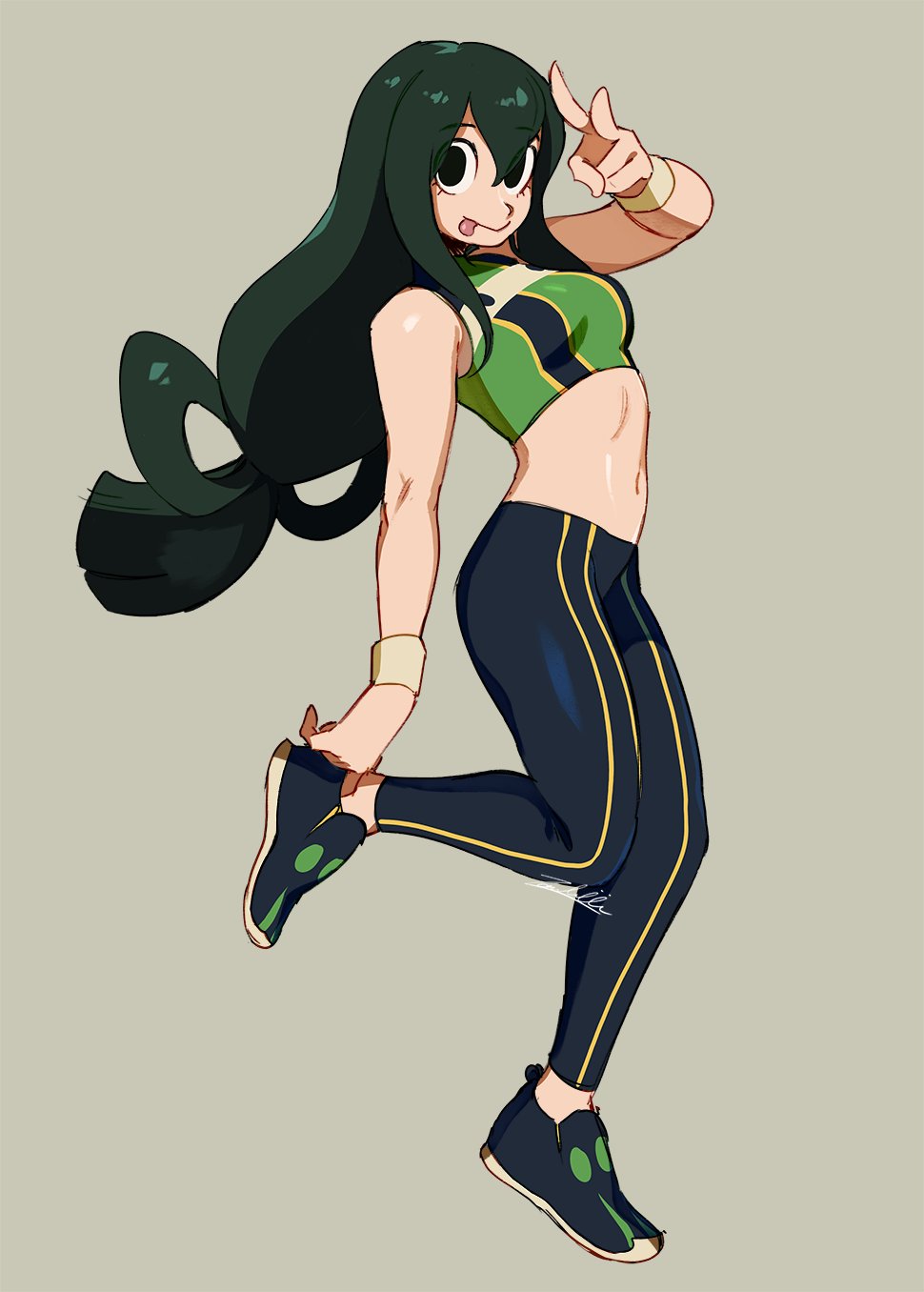 1girl asui_tsuyu black_eyes black_footwear black_legwear boku_no_hero_academia brown_background full_body hair_rings hand_up highres leg_up leggings long_hair looking_at_viewer low-tied_long_hair midriff navel shoes signature simple_background smile solo standing tongue tongue_out v zambiie