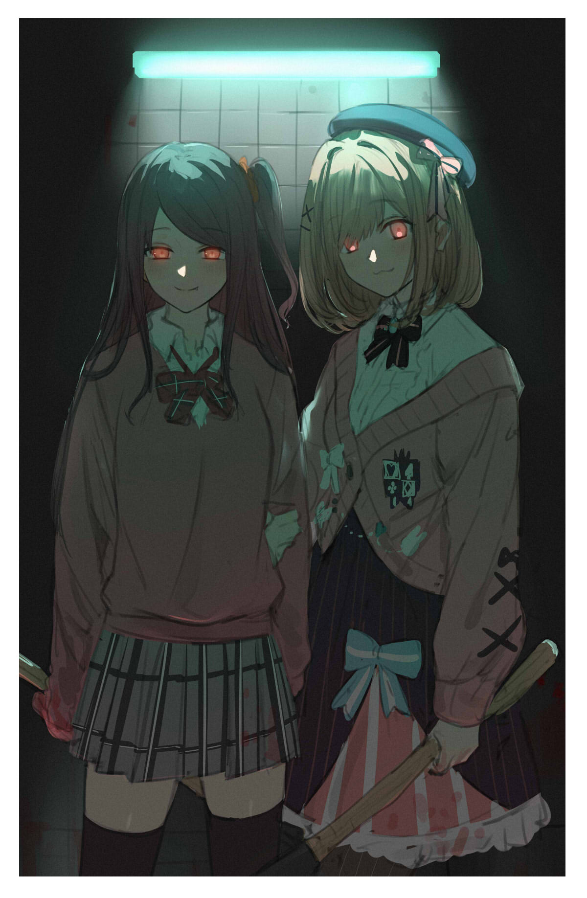2girls :3 akabane_youko alternate_eye_color asymmetrical_bangs bangs beret black_headwear black_legwear black_skirt blood bloody_clothes bow bowtie breasts brown_hair closed_mouth collared_shirt cowboy_shot eyebrows_visible_through_hair fang glowing glowing_eyes grey_skirt hair_bow hair_ornament hat highres holding holding_weapon isshiki_(ffmania7) light locked_arms long_hair looking_at_viewer medium_breasts medium_hair miniskirt multiple_girls nijisanji one_side_up parted_bangs pink_sweater plaid plaid_skirt red_eyes red_neckwear scrunchie shirt side-by-side skirt smile striped suzuhara_lulu sweater thigh-highs tile_wall tiles vertical-striped_skirt vertical_stripes virtual_youtuber weapon white_shirt wing_collar x_hair_ornament zettai_ryouiki