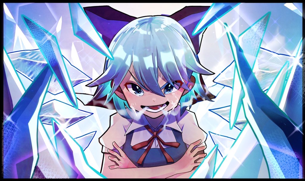 1girl artist_request bangs blue_bow blue_dress blue_eyes blue_hair blush bow breath breathing cirno cold collared_shirt commentary_request crossed_arms dress eyes_visible_through_hair glowing glowing_hair hair_between_eyes ice ice_wings looking_at_viewer neck_ribbon puffy_short_sleeves puffy_sleeves red_neckwear red_ribbon ribbon shirt short_hair short_sleeves smug solo sparkle touhou upper_body v-shaped_eyebrows white_shirt wing_collar wings