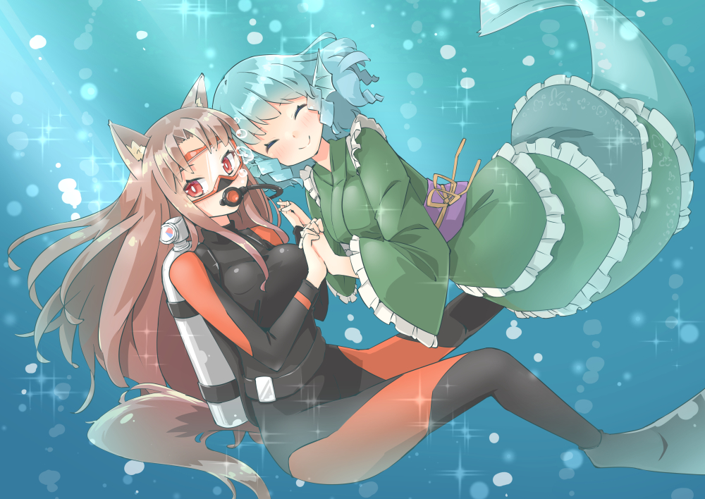 2girls air_bubble animal_ears arnest blue_hair brown_hair bubble closed_eyes diving_mask drill_hair flippers frilled_kimono frills green_kimono hands_clasped head_fins imaizumi_kagerou japanese_clothes kimono long_hair mermaid monster_girl multiple_girls obi own_hands_together red_eyes sash scuba scuba_gear scuba_tank smile tail touhou underwater wakasagihime wolf_ears wolf_tail