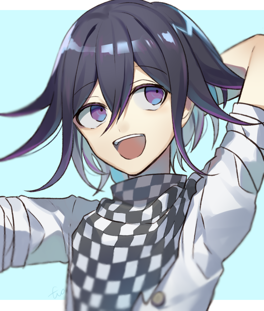 1boy :d bangs black_hair blue_background blurry blurry_foreground checkered checkered_scarf commentary_request dangan_ronpa depth_of_field eye_contact hair_between_eyes huyuharu0214 jacket looking_at_another looking_to_the_side looking_up male_focus medium_hair multicolored_hair new_dangan_ronpa_v3 open_mouth ouma_kokichi purple_hair scarf short_sleeves signature smile solo straitjacket two-tone_background upper_body upper_teeth white_background white_jacket