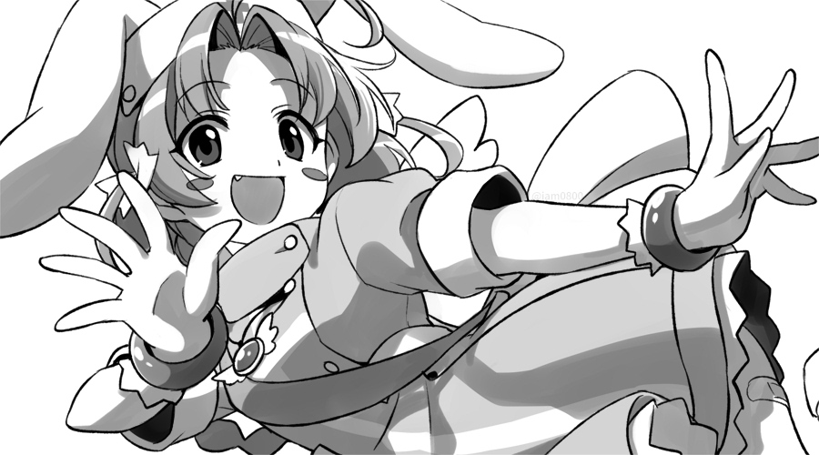 1girl :d animal_ears bangs blush_stickers bow bracelet commentary_request dress eyebrows_visible_through_hair fake_animal_ears fang gloves greyscale hair_bow happy hat jewelry long_hair looking_at_viewer magical_girl monochrome nakahara_komugi nurse_cap nurse_witch_komugi-chan open_mouth parted_bangs rabbit_ears sayshownen shiny shiny_hair smile solo waving white_background wings