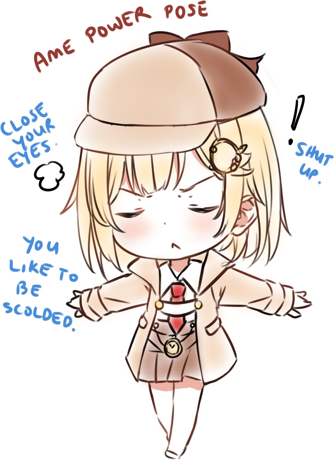 ! 1girl :&lt; bangs blonde_hair blush brown_headwear brown_jacket brown_skirt chibi closed_eyes closed_mouth collared_shirt commentary english_text facing_viewer full_body hair_ornament highres hitsukuya hololive hololive_english jacket long_hair long_sleeves necktie open_clothes open_jacket outstretched_arms pleated_skirt pocket_watch red_neckwear shirt simple_background skirt sleeves_past_wrists solo standing v-shaped_eyebrows virtual_youtuber watch watson_amelia white_background white_shirt