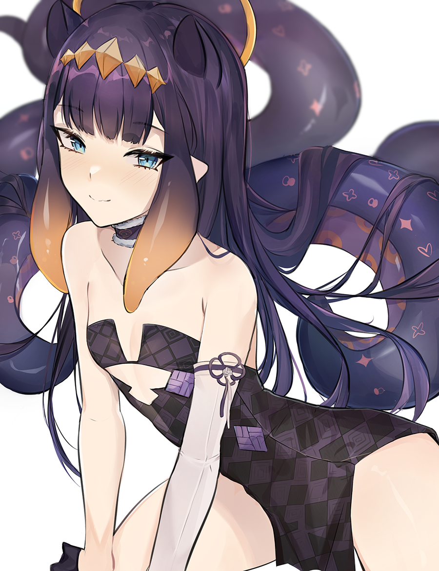 1girl bangs bare_shoulders black_dress blue_eyes blush breasts closed_mouth detached_sleeves dress halo hololive hololive_english long_hair looking_at_viewer ninomae_ina'nis oni_noodle pointy_ears purple_hair short_dress sidelocks simple_background single_detached_sleeve smile tentacle_hair tentacles virtual_youtuber white_background