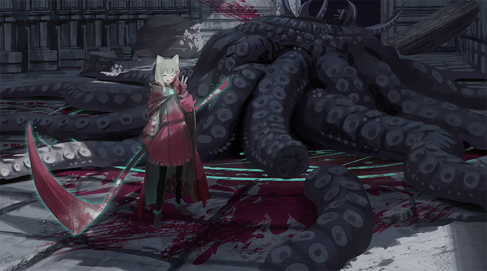 1girl :d animal_ears black_legwear blood bloody_clothes bloody_weapon brown_footwear cape closed_eyes dress eldritch_abomination hand_up holding holding_scythe holding_weapon open_mouth original pantyhose red_cape red_dress ruins scythe shoes smile solo tentacles v wasabi60 weapon