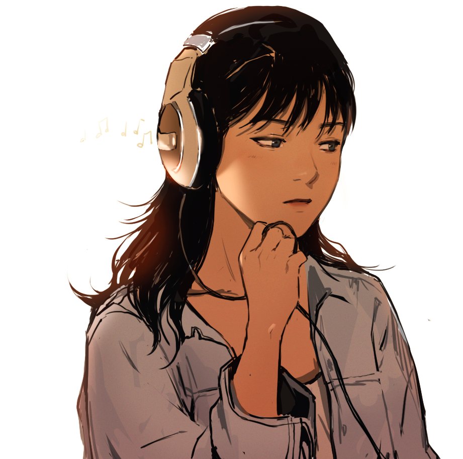 1girl black_hair blue_eyes cable commentary english_commentary headphones julia_shii lips listening_to_music long_hair musical_note nose original portrait pursed_lips sad sennheiser solo white_background