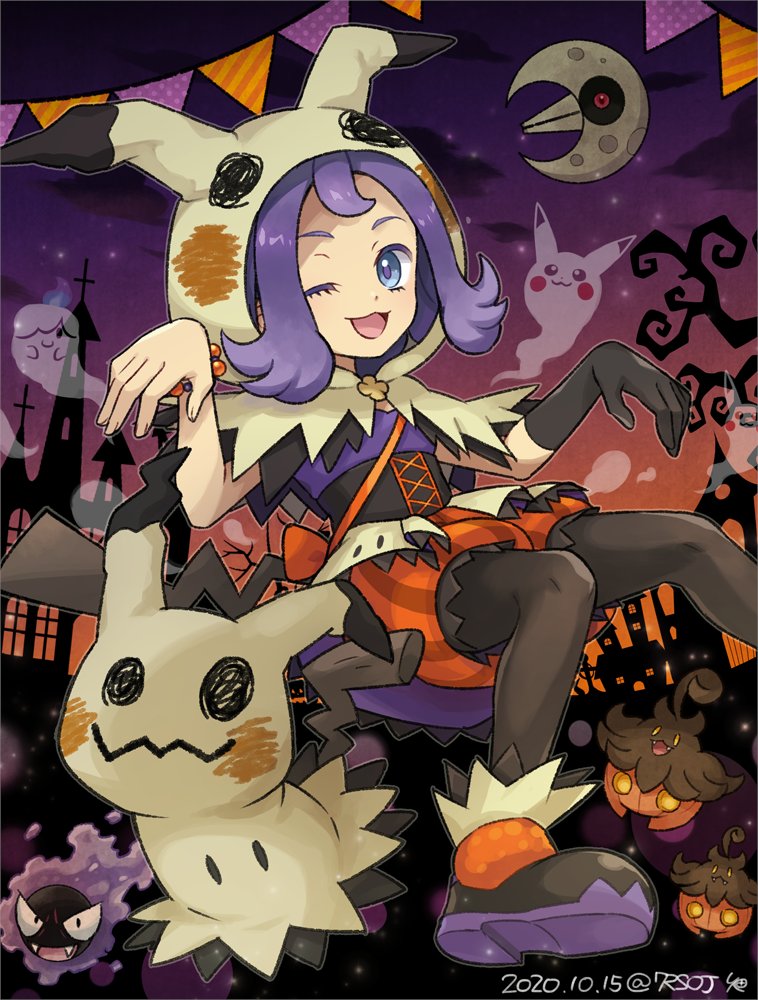 1girl acerola_(pokemon) blue_eyes brown_legwear clouds commentary_request cosplay dated eyelashes gastly gen_1_pokemon gen_3_pokemon gen_5_pokemon gen_6_pokemon gen_7_pokemon gloves hood hood_up litwick looking_at_viewer lunatone mimikyu mimikyu_(cosplay) night one_eye_closed open_mouth outdoors pantyhose pikachu pokemon pokemon_(creature) pokemon_(game) pokemon_masters_ex pumpkaboo purple_hair risu_no_ojisan shoes single_glove sky smile tongue watermark
