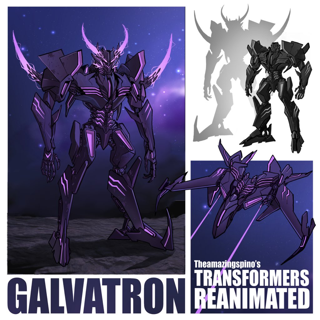 character_name decepticon energy_horns english_commentary flying galvatron horns mecha multiple_views no_humans redesign theamazingspino transformers violet_eyes