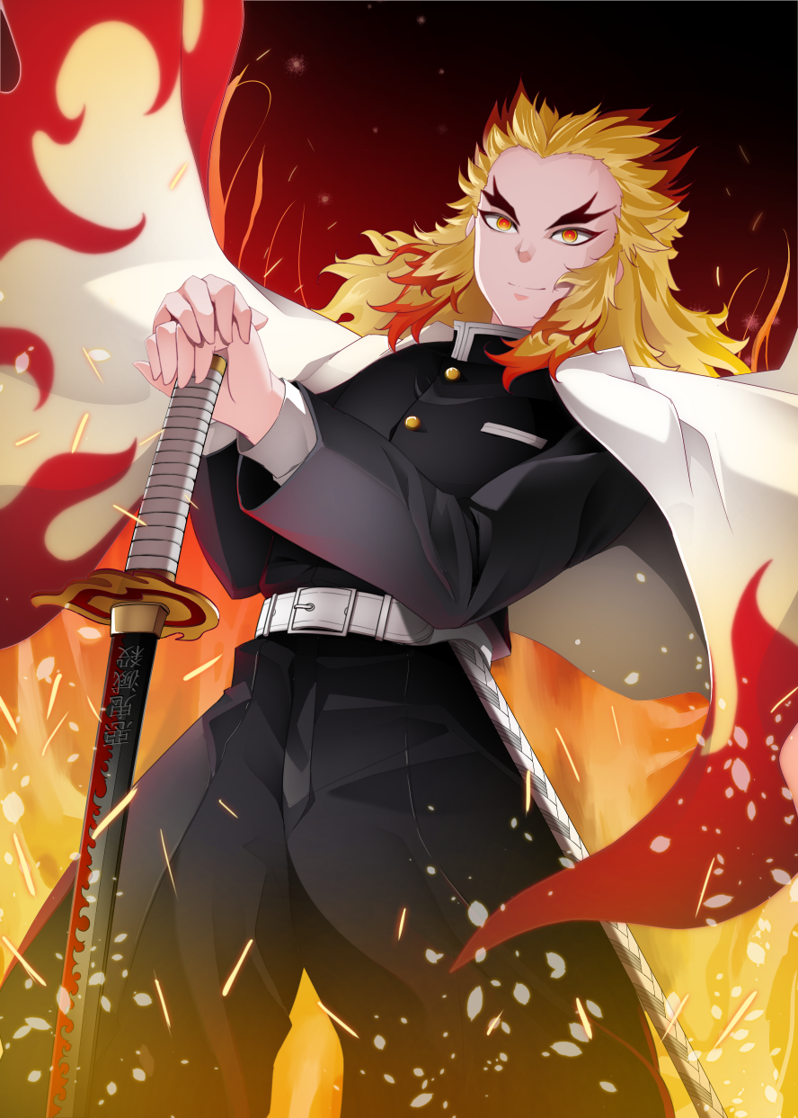 1boy black_jacket black_pants blonde_hair cape closed_mouth commentary_request eyebrows fire forehead hands_on_hilt hands_together highres jacket katana kimetsu_no_yaiba kirigakure_(kirigakure_tantei_jimusho) long_sleeves looking_at_viewer male_focus multicolored_hair own_hands_together pants red_eyes redhead rengoku_kyoujurou smile solo sword translation_request two-tone_hair v-shaped_eyebrows weapon white_cape