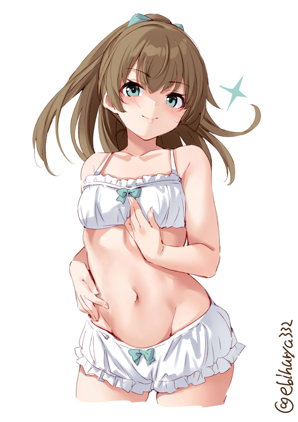 1girl aqua_eyes blush breasts brown_hair cowboy_shot ebifurya frilled hair_ribbon highres kantai_collection kumano_(kantai_collection) long_hair navel ponytail ribbon small_breasts smile stomach twitter_username white_background