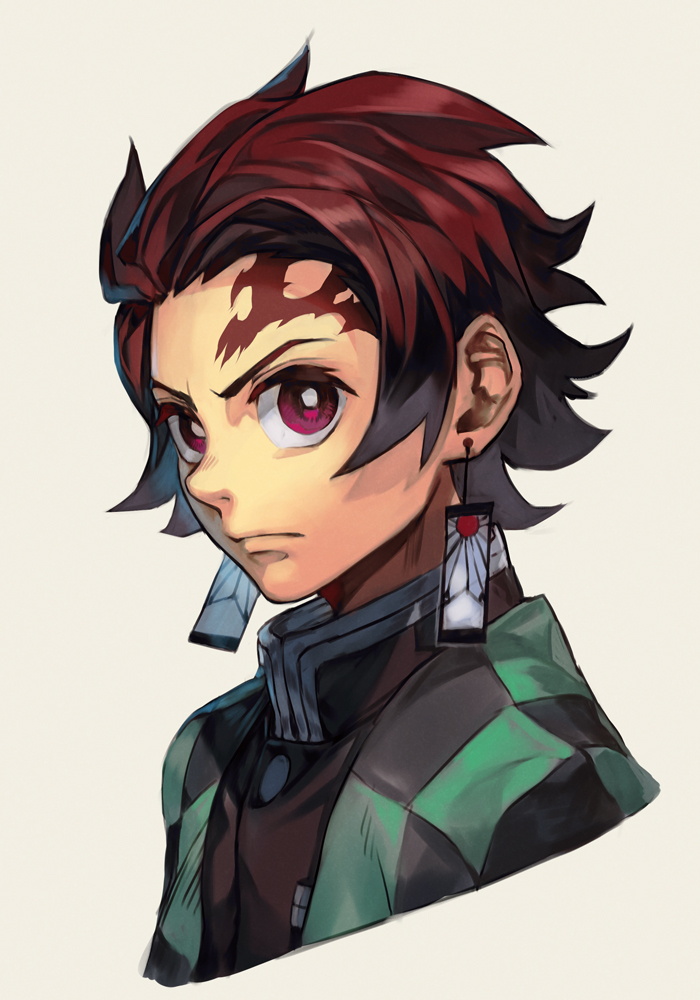 1boy black_jacket brown_hair checkered closed_mouth cropped_torso day earrings face facial_scar forehead_scar haori hncl jacket japanese_clothes jewelry kamado_tanjirou kimetsu_no_yaiba long_sleeves male_focus redhead scar short_hair solo upper_body v-shaped_eyebrows white_background