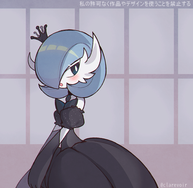 1girl alternate_color artist_name bangs bare_shoulders black_choker black_dress black_gloves blue_eyes blue_hair blush bob_cut choker clarevoir commentary_request crown dress elbow_gloves english_commentary from_side gardevoir gen_3_pokemon gloves hair_over_one_eye half-closed_eyes looking_back mega_gardevoir mega_pokemon mini_crown mixed-language_commentary off_shoulder partial_commentary pokemon pokemon_(creature) puffy_short_sleeves puffy_sleeves shiny shiny_hair shiny_pokemon short_hair short_sleeves solo standing tilted_headwear translation_request twitter_username watermark