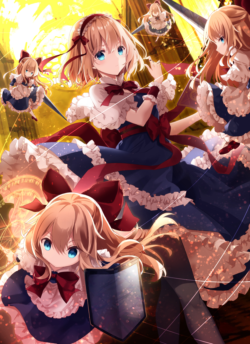 1girl alice_margatroid apron arms_up bangs blonde_hair blue_dress blue_eyes bow capelet church commentary_request day dress expressionless floating hair_ribbon hairband highres indoors kisaragi_yuri lance leaning_back lolita_hairband long_hair looking_at_viewer polearm puppet_rings puppet_strings red_bow red_neckwear ribbon sash shanghai_doll short_hair solo touhou very_long_hair waist_apron weapon white_capelet