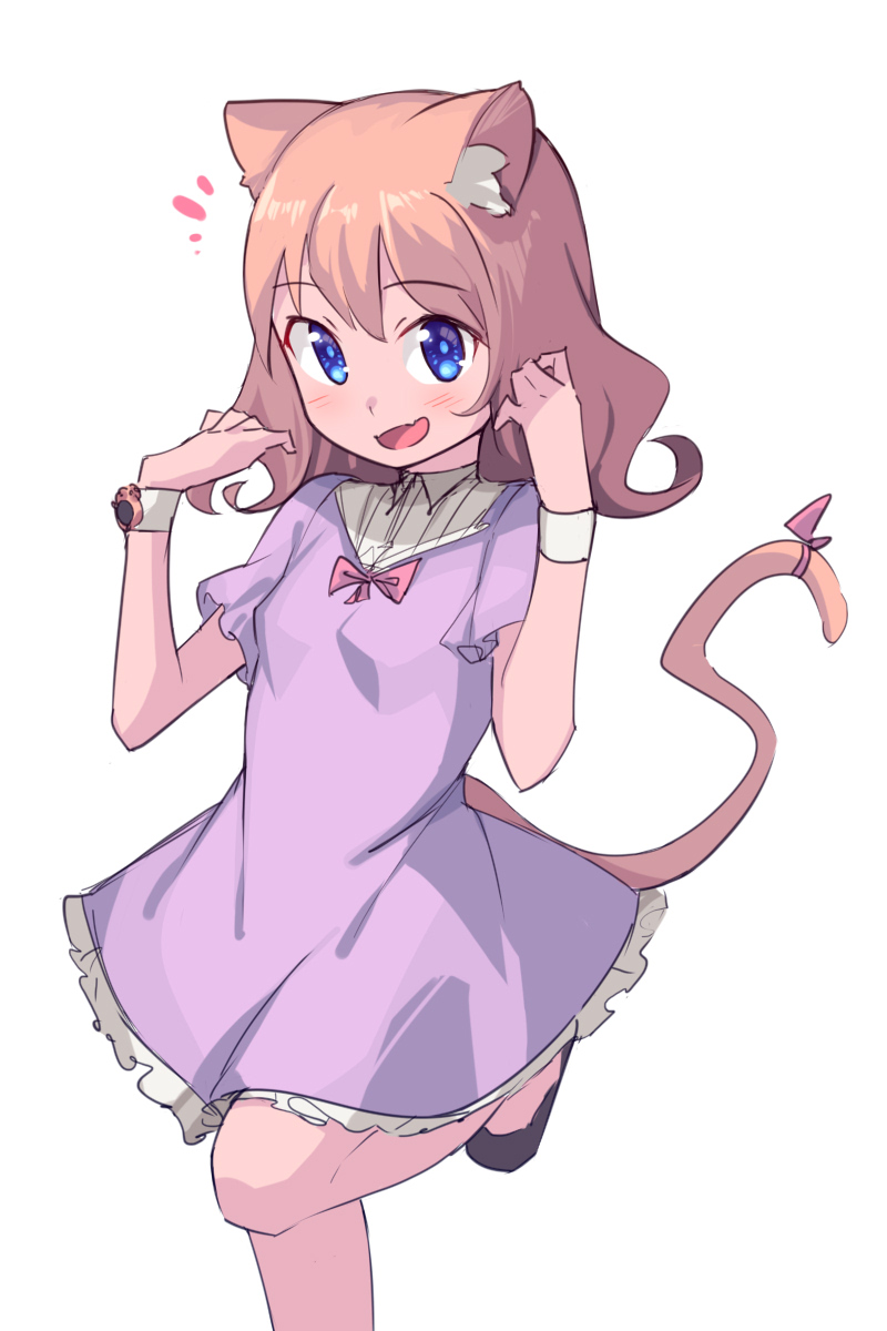 1girl :d animal_ear_fluff animal_ears bangs blue_eyes breasts cat_ears cat_girl cat_tail dress eyebrows_visible_through_hair frilled_dress frills hands_up highres long_hair looking_at_viewer open_mouth original pink_hair purple_dress ribbon saiste short_sleeves simple_background small_breasts smile solo standing standing_on_one_leg tail tail_ribbon white_background wristband