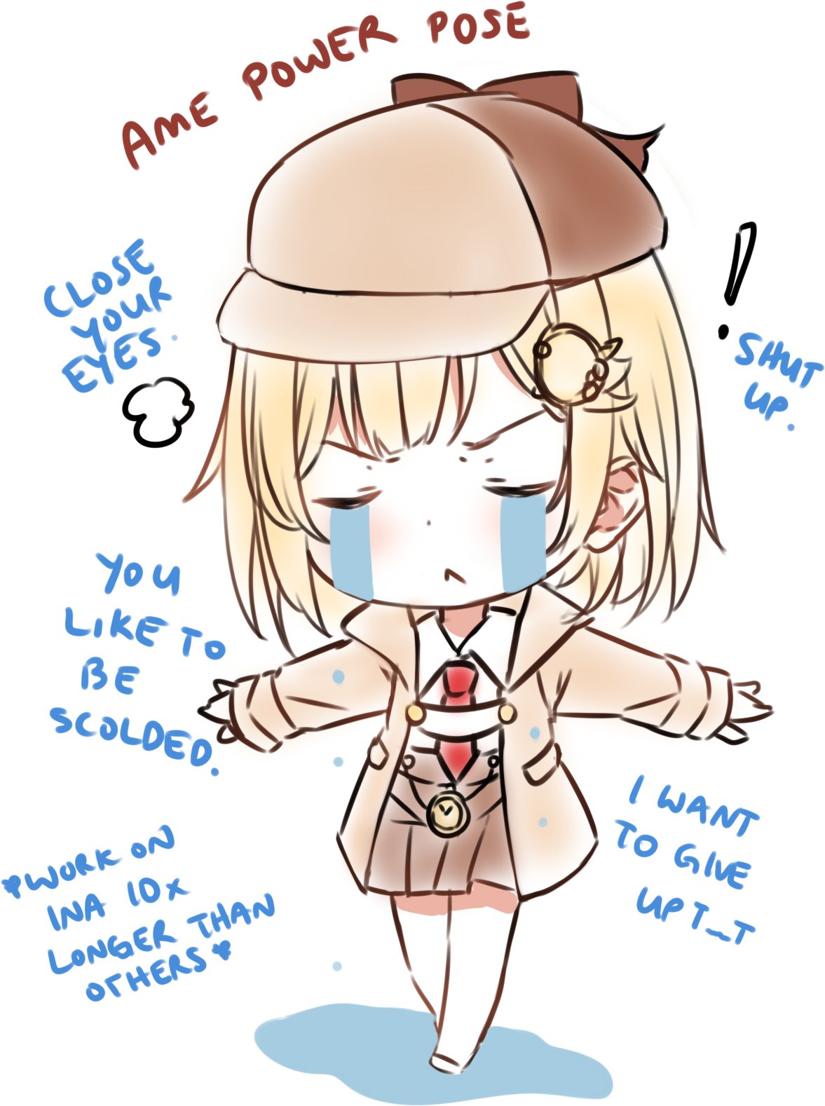 ! 1girl :&lt; bangs blonde_hair blush brown_headwear brown_jacket brown_skirt chibi closed_eyes closed_mouth collared_shirt colored_shadow commentary crying english_commentary english_text facing_viewer full_body hair_ornament highres hitsukuya hololive hololive_english jacket long_hair long_sleeves necktie open_clothes open_jacket outstretched_arms pleated_skirt pocket_watch red_neckwear shadow shirt simple_background skirt sleeves_past_wrists solo standing streaming_tears tears v-shaped_eyebrows virtual_youtuber watch watson_amelia white_background white_shirt