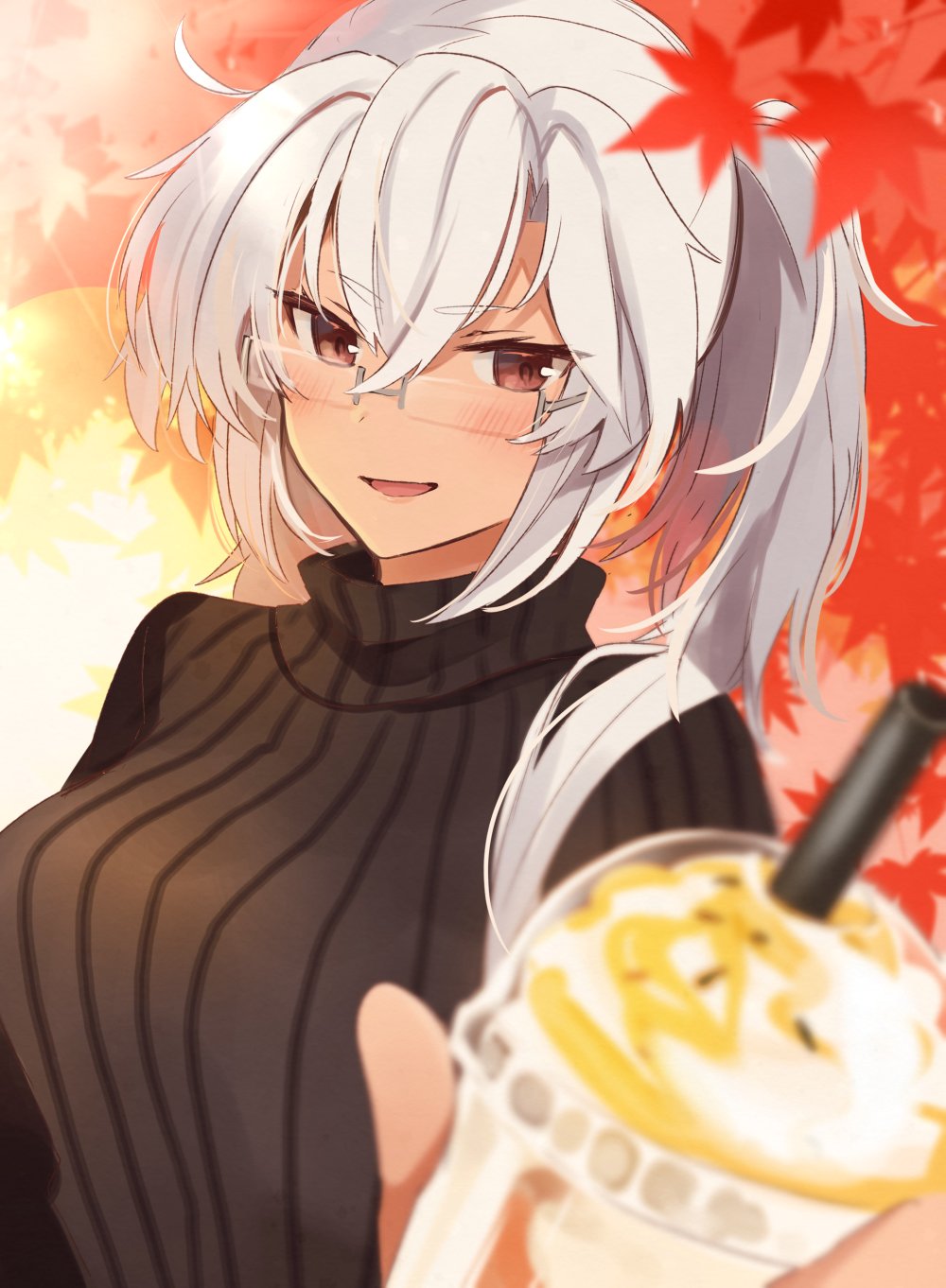 1girl alternate_costume autumn_leaves bangs black_sweater blurry blurry_foreground blush breasts brown_eyes cup dark_skin disposable_cup drink drinking_straw glasses highres kantai_collection large_breasts leaf long_hair musashi_(kantai_collection) open_mouth ribbed_sweater solo sweater turtleneck turtleneck_sweater twintails upper_body white_hair yunamaro