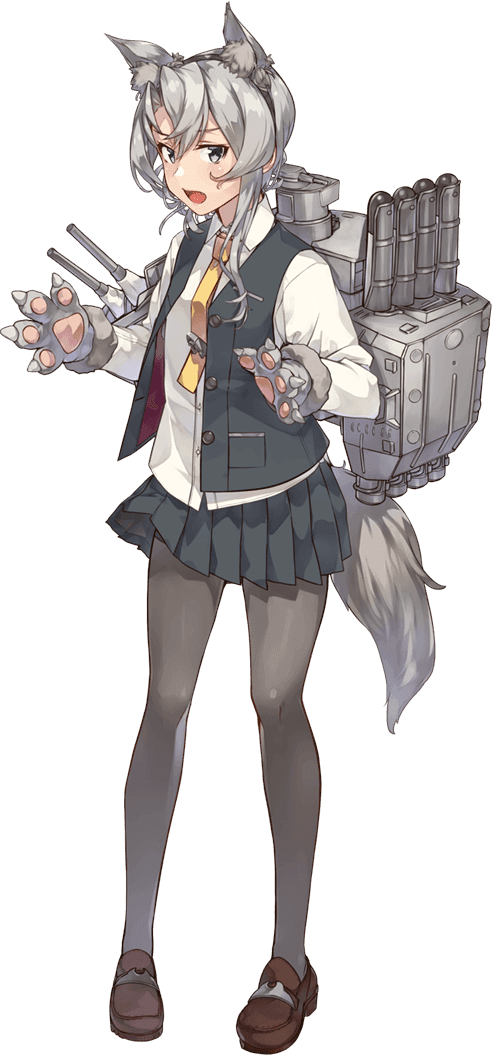 1girl animal_ears asymmetrical_hair bangs belt blouse cannon flipped_hair full_body gloves grey_eyes halloween_costume kantai_collection konishi_(koconatu) loafers machinery necktie nowaki_(kantai_collection) official_art pantyhose paws pleated_skirt shoes silver_hair skirt swept_bangs tail torpedo_launcher torpedo_tubes transparent_background turret vest wolf_ears wolf_girl wolf_tail